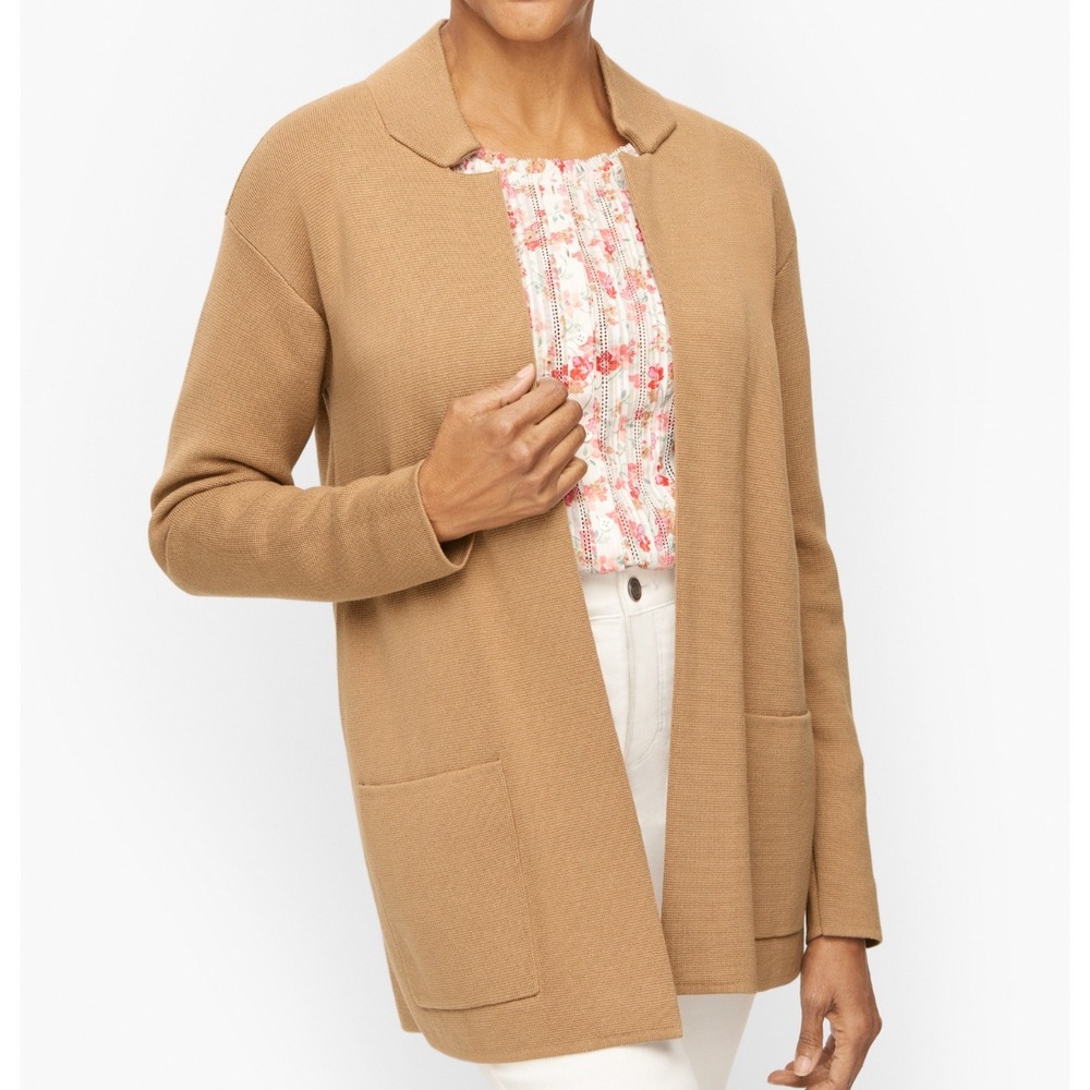Talbots Plus Size 1X Camel Knit Notch Collar Cardigan Sweater Jacket Minimalist - Picture 1 of 6